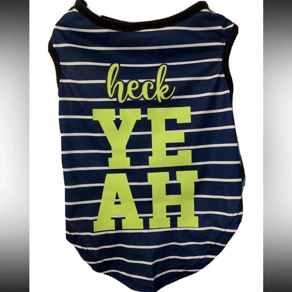 NWT Dog Pet Shirt-Large “Heck Yeah” Fun Summer Stripe Blue Green
